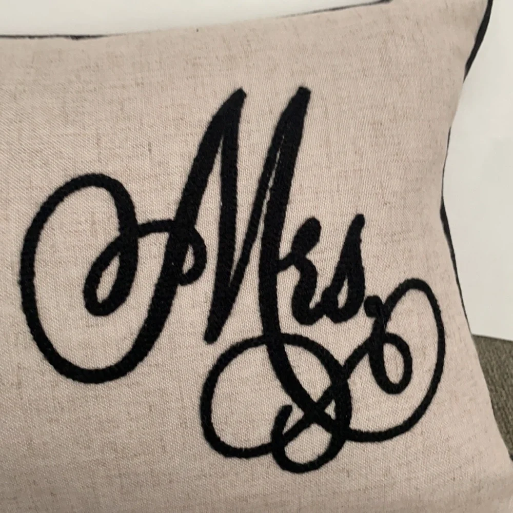 “Mr & Mrs.” Embroidered Script Long Rectangle Black & Oatmeal Anthropology